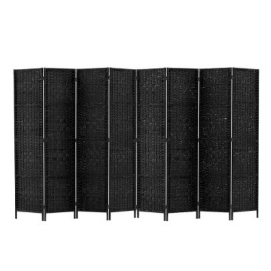 Eight Panel Black Rattan Wooden Room Divider