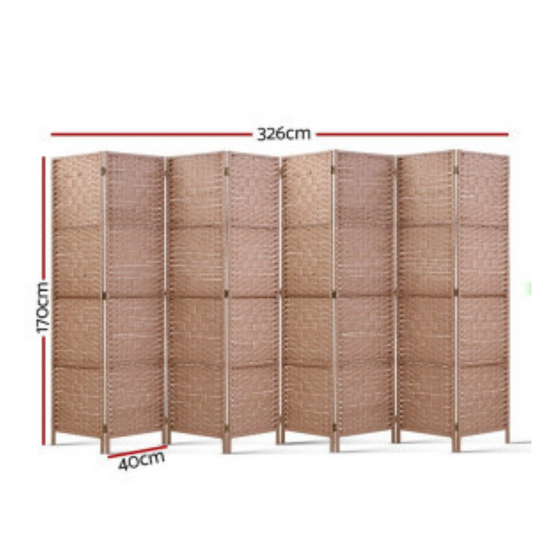 Eight Panel Natural Finish Rattan Wooden Room Divider