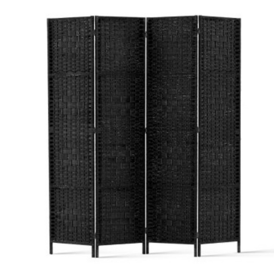 Four Panel Black Rattan Wooden Room Divider