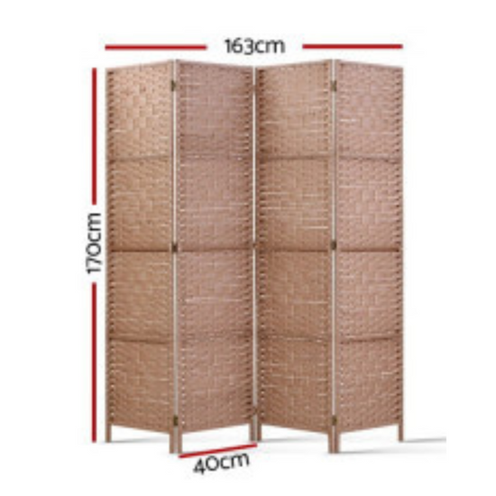 Four Panel Natural Finish Rattan Wooden Room Divider