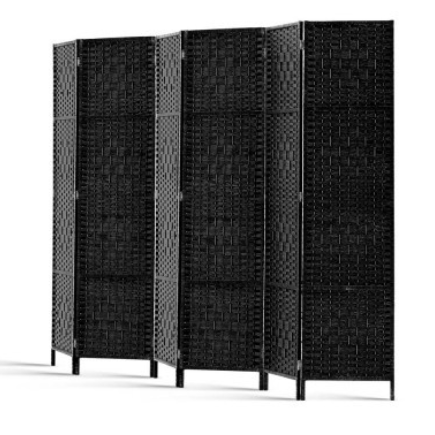Six Panel Black Rattan Wooden Room Divider