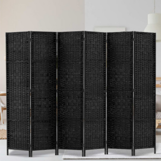 Six Panel Black Rattan Wooden Room Divider